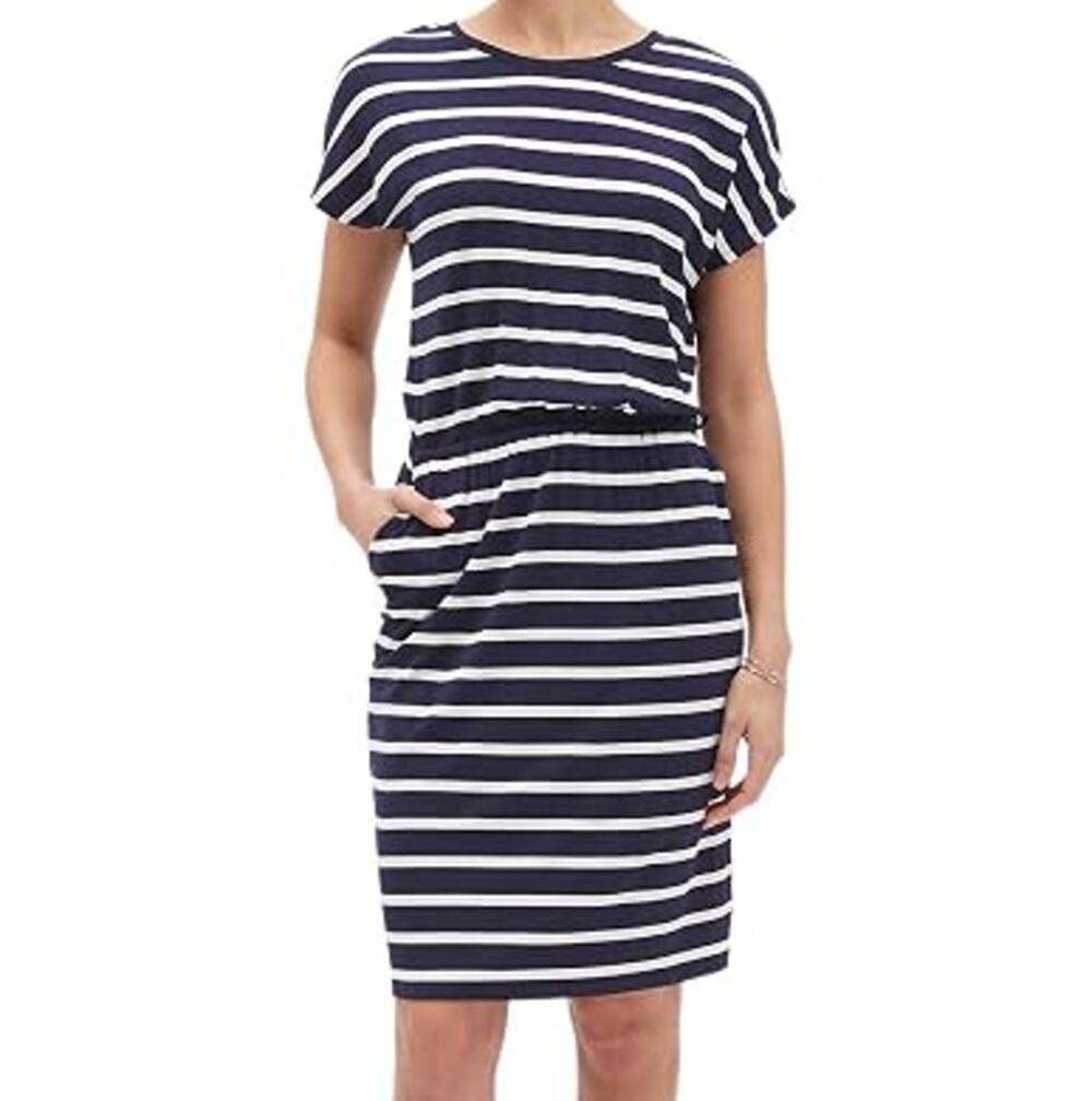 Banana Republic Women's Olive Green White Striped Short Sleeve Dress Size Medium